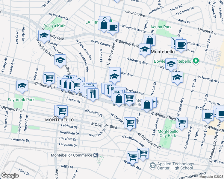 map of restaurants, bars, coffee shops, grocery stores, and more near 141 North 21st Street in Montebello