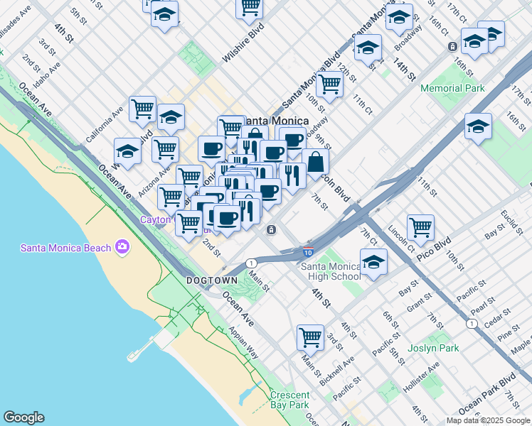 map of restaurants, bars, coffee shops, grocery stores, and more near 1548 5th Street in Santa Monica