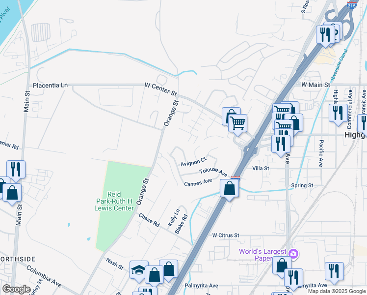 map of restaurants, bars, coffee shops, grocery stores, and more near 3519 La Ciotat Way in Riverside