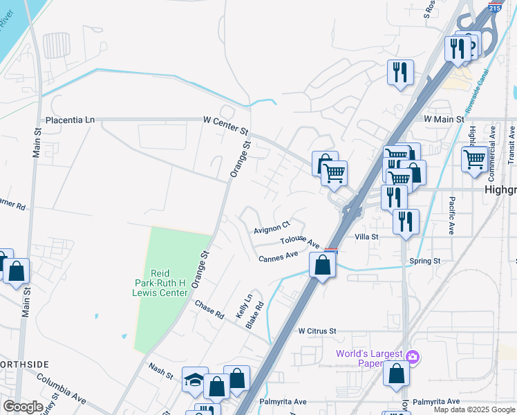 map of restaurants, bars, coffee shops, grocery stores, and more near 3519 La Ciotat Way in Riverside