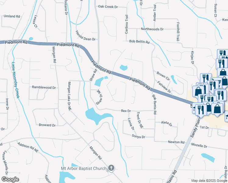 map of restaurants, bars, coffee shops, grocery stores, and more near 2844 Pine Meadow Drive in Marietta
