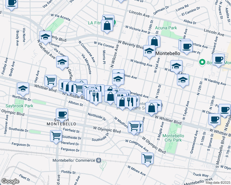 map of restaurants, bars, coffee shops, grocery stores, and more near 141 North 21st Street in Montebello