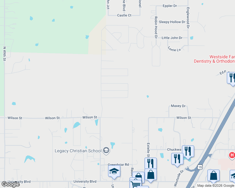map of restaurants, bars, coffee shops, grocery stores, and more near 3416 Overland Drive in Durant