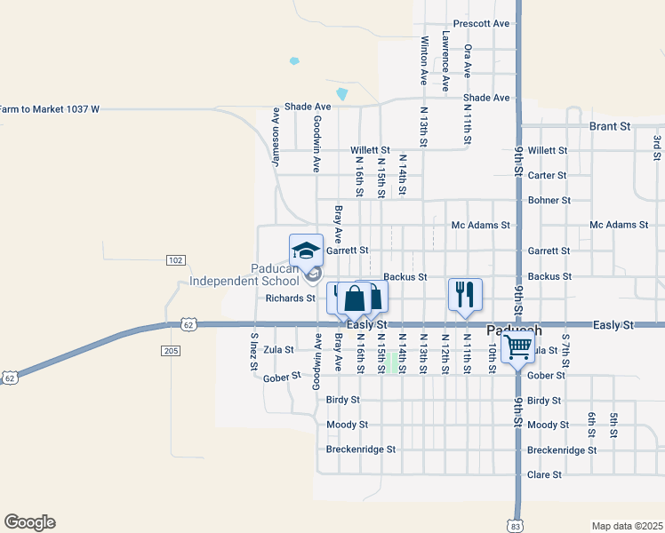 map of restaurants, bars, coffee shops, grocery stores, and more near Garrett Street in Paducah
