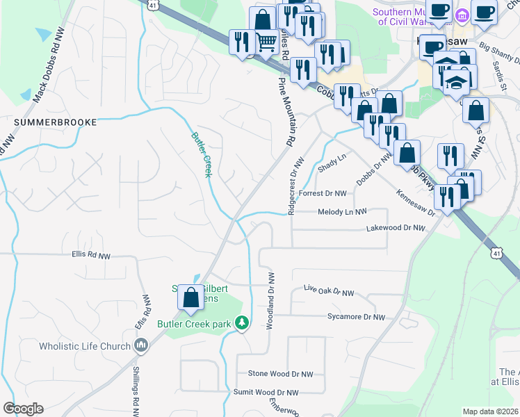 map of restaurants, bars, coffee shops, grocery stores, and more near 5050 Pine Mountain Road in Kennesaw