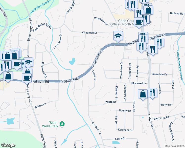 map of restaurants, bars, coffee shops, grocery stores, and more near 2589 Cajun Drive in Marietta