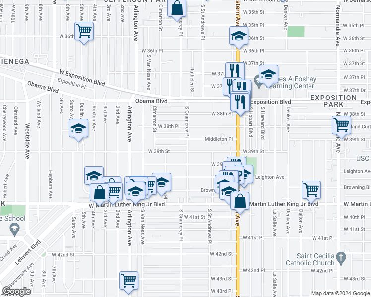 map of restaurants, bars, coffee shops, grocery stores, and more near 1801 West 39th Street in Los Angeles