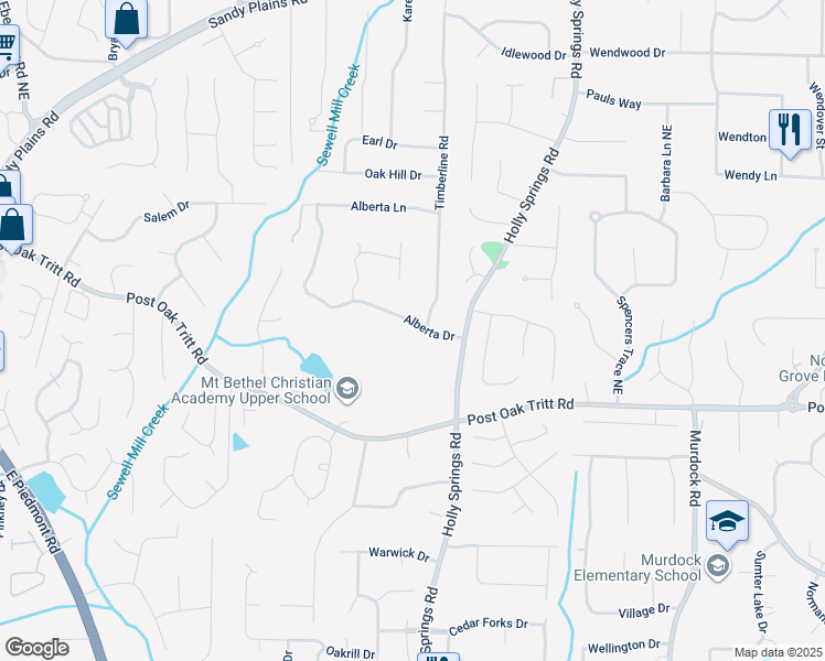 map of restaurants, bars, coffee shops, grocery stores, and more near 3078 Alberta Drive in Marietta