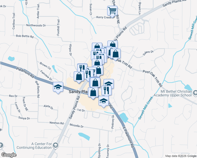 map of restaurants, bars, coffee shops, grocery stores, and more near 2692 Sandy Plains Road in Marietta