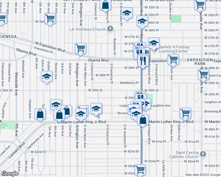 map of restaurants, bars, coffee shops, grocery stores, and more near 1801 West 39th Street in Los Angeles