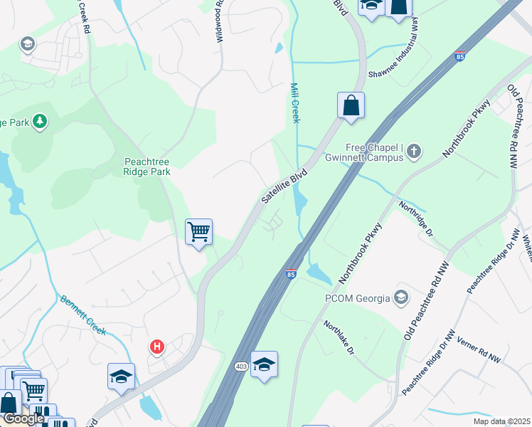 map of restaurants, bars, coffee shops, grocery stores, and more near 1110 Satellite Boulevard Northwest in Suwanee
