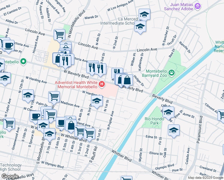 map of restaurants, bars, coffee shops, grocery stores, and more near 116 East Beverly Boulevard in Montebello