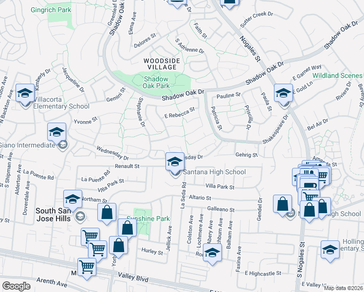 map of restaurants, bars, coffee shops, grocery stores, and more near 3600 Missouri Street in West Covina