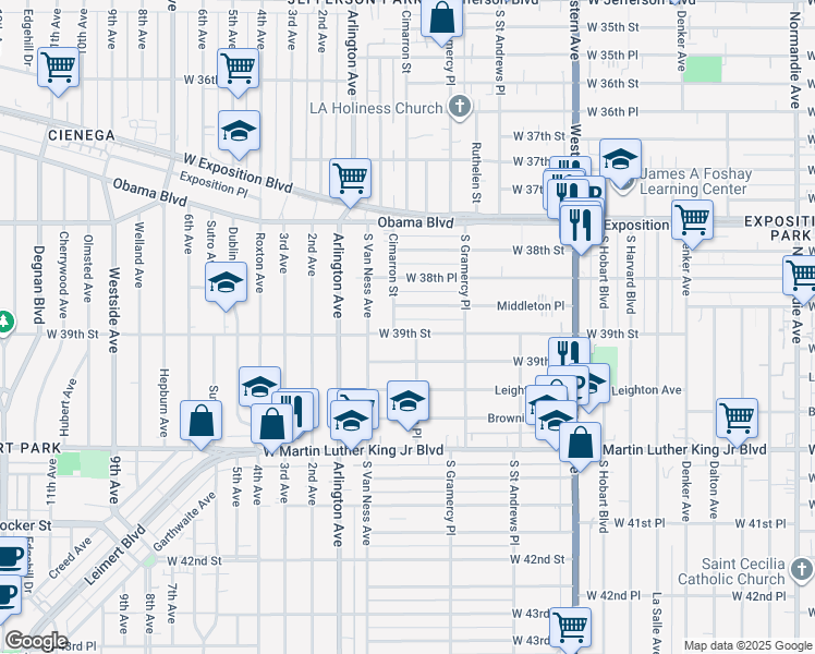 map of restaurants, bars, coffee shops, grocery stores, and more near 1865 West 39th Street in Los Angeles