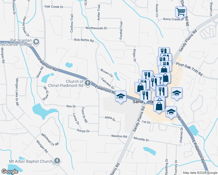 map of restaurants, bars, coffee shops, grocery stores, and more near 1666 Fairview Drive in Marietta