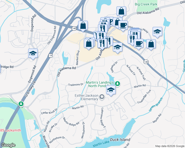 map of restaurants, bars, coffee shops, grocery stores, and more near 9640 Hillside Drive in Roswell