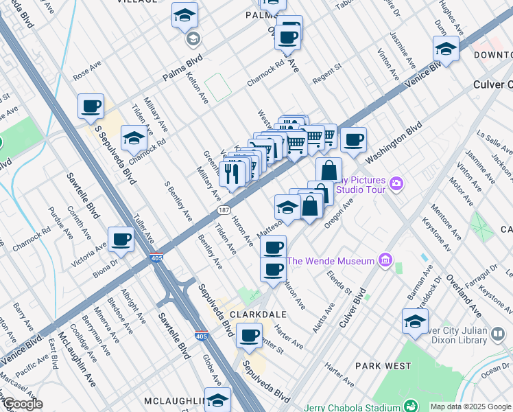 map of restaurants, bars, coffee shops, grocery stores, and more near 3815 College Avenue in Culver City