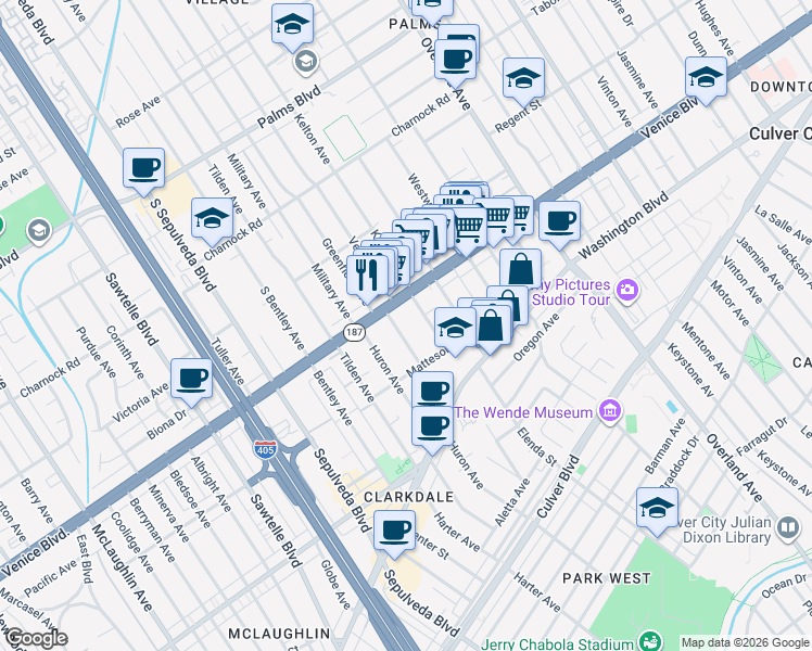 map of restaurants, bars, coffee shops, grocery stores, and more near 3826 Prospect Avenue in Culver City