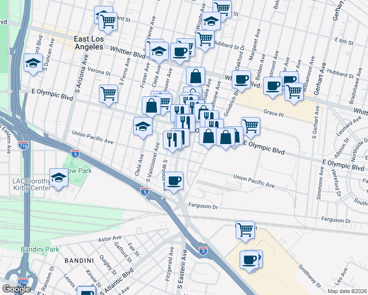 map of restaurants, bars, coffee shops, grocery stores, and more near 1244 South Atlantic Boulevard in Los Angeles