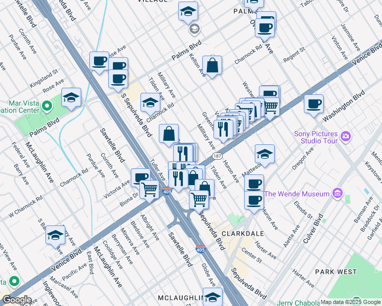 map of restaurants, bars, coffee shops, grocery stores, and more near 3729 Tilden Avenue in Los Angeles