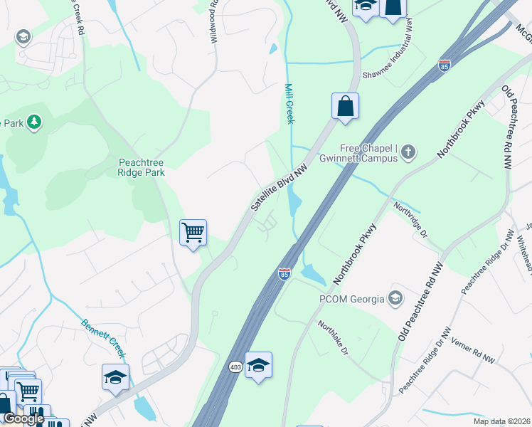 map of restaurants, bars, coffee shops, grocery stores, and more near 1110 Satellite Boulevard Northwest in Suwanee