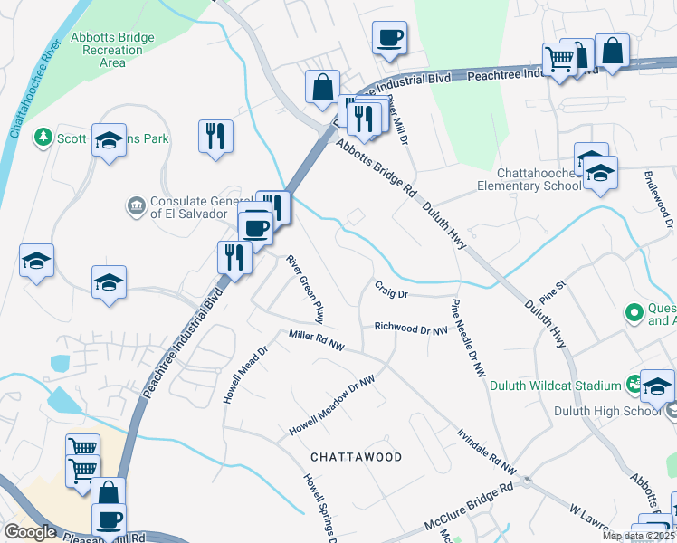 map of restaurants, bars, coffee shops, grocery stores, and more near 4088 Suzanne Lane in Duluth