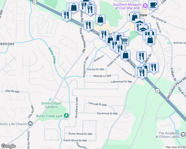 map of restaurants, bars, coffee shops, grocery stores, and more near 2470 Melody Lane Northwest in Kennesaw