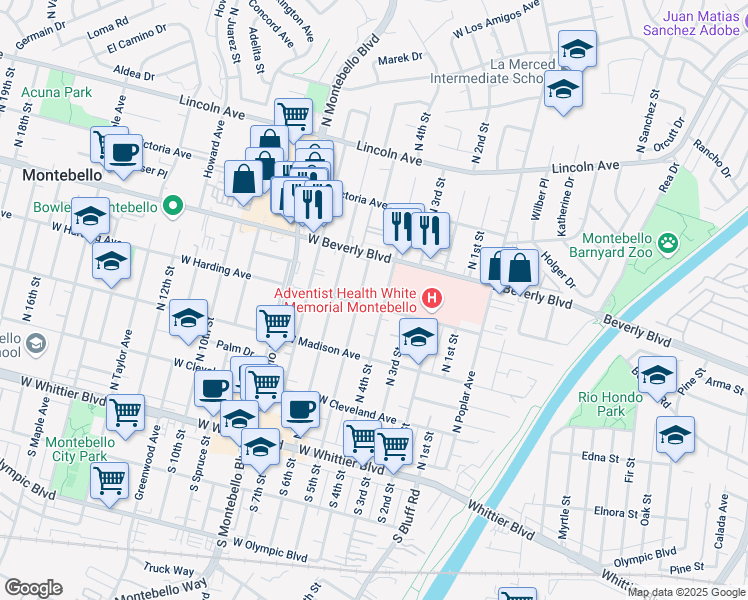 map of restaurants, bars, coffee shops, grocery stores, and more near 433 North 4th Street in Montebello