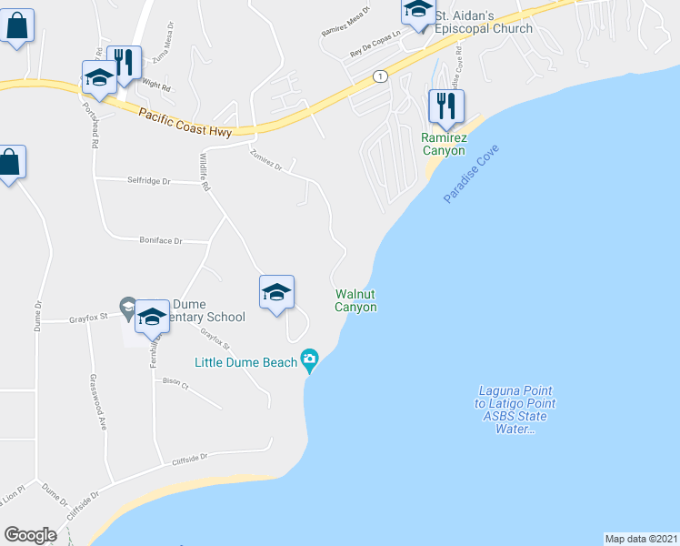 map of restaurants, bars, coffee shops, grocery stores, and more near 6837 Zumirez Drive in Malibu