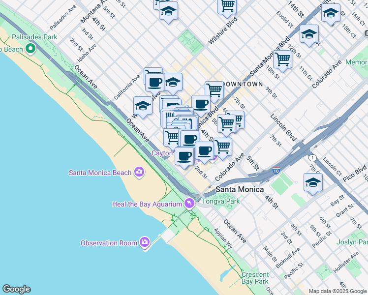 map of restaurants, bars, coffee shops, grocery stores, and more near 210 Santa Monica Boulevard in Santa Monica