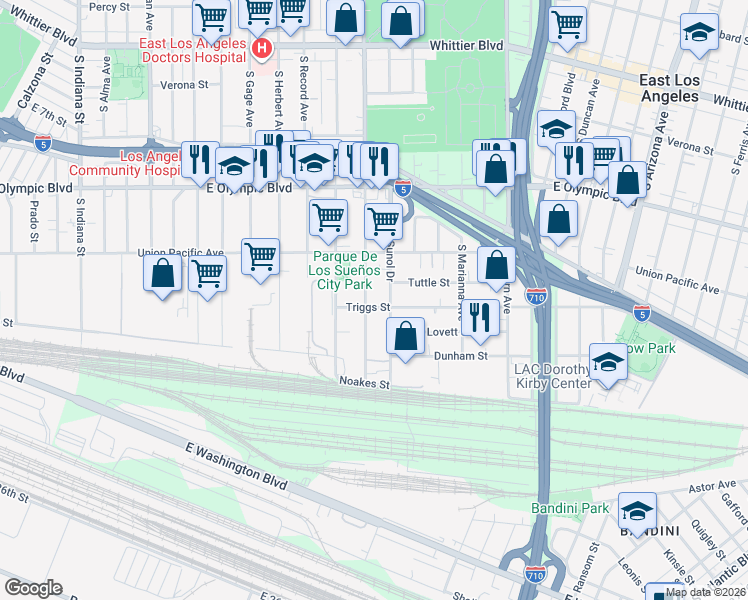 map of restaurants, bars, coffee shops, grocery stores, and more near 1339 South Sunol Drive in Los Angeles