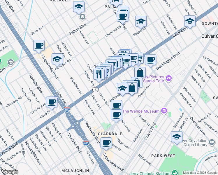 map of restaurants, bars, coffee shops, grocery stores, and more near 3826 Prospect Avenue in Culver City