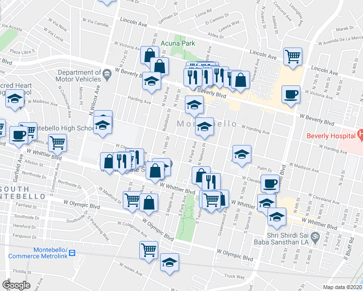 map of restaurants, bars, coffee shops, grocery stores, and more near 233 North Maple Avenue in Montebello