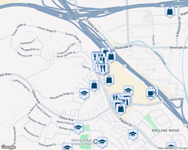 map of restaurants, bars, coffee shops, grocery stores, and more near 13171 Pinnacle Court in Chino Hills