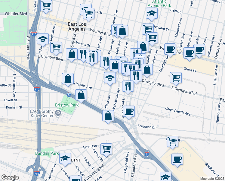 map of restaurants, bars, coffee shops, grocery stores, and more near 1278 Clela Avenue in East Los Angeles