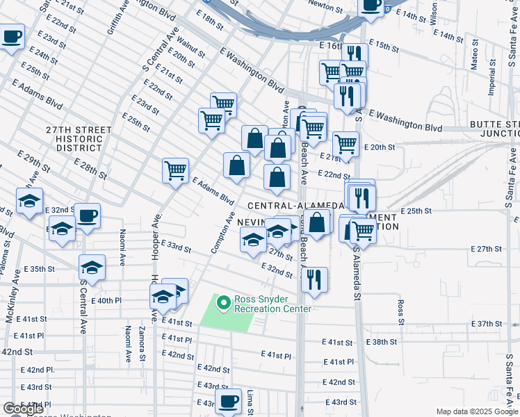 map of restaurants, bars, coffee shops, grocery stores, and more near 1546 East 24th Street in Los Angeles