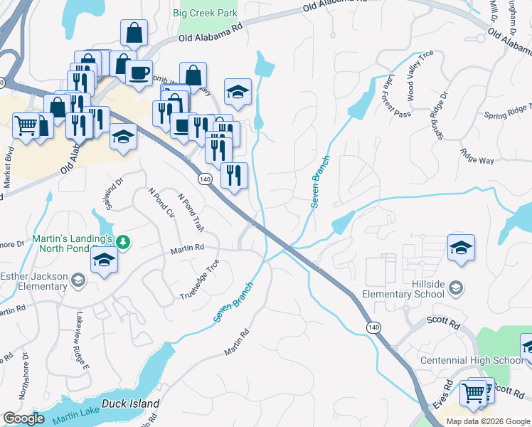 map of restaurants, bars, coffee shops, grocery stores, and more near 1020 Terramont Drive in Roswell