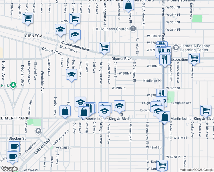 map of restaurants, bars, coffee shops, grocery stores, and more near 3866 South Van Ness Avenue in Los Angeles