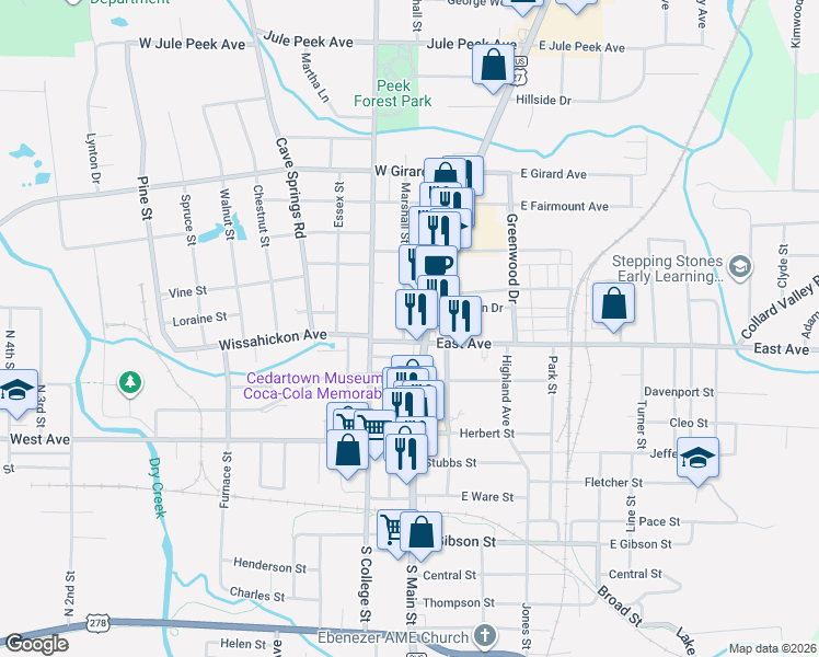 map of restaurants, bars, coffee shops, grocery stores, and more near 127 Marshall Street in Cedartown