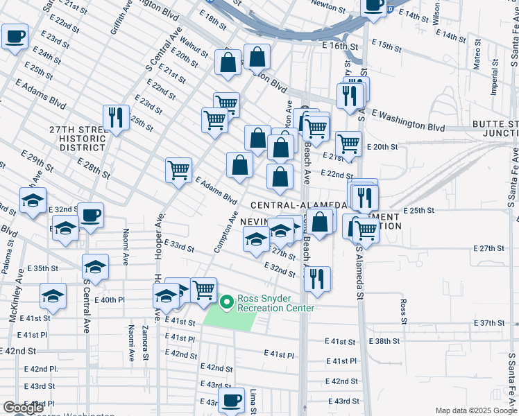 map of restaurants, bars, coffee shops, grocery stores, and more near 1506 East 25th Street in Los Angeles