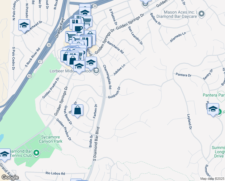 map of restaurants, bars, coffee shops, grocery stores, and more near 580 Charmingdale Road in Diamond Bar