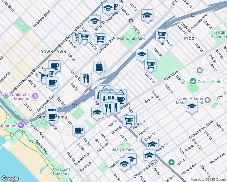 map of restaurants, bars, coffee shops, grocery stores, and more near 1808 10th Street in Santa Monica