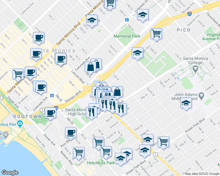 map of restaurants, bars, coffee shops, grocery stores, and more near 1808 10th Street in Santa Monica