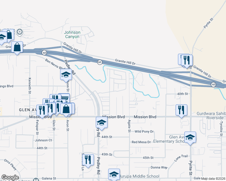 map of restaurants, bars, coffee shops, grocery stores, and more near Francine Avenue in Riverside