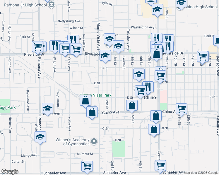 map of restaurants, bars, coffee shops, grocery stores, and more near 13086 3rd Street in Chino