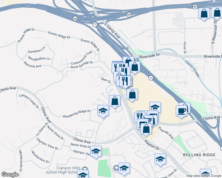 map of restaurants, bars, coffee shops, grocery stores, and more near 13115 Le Parc Boulevard in Chino Hills