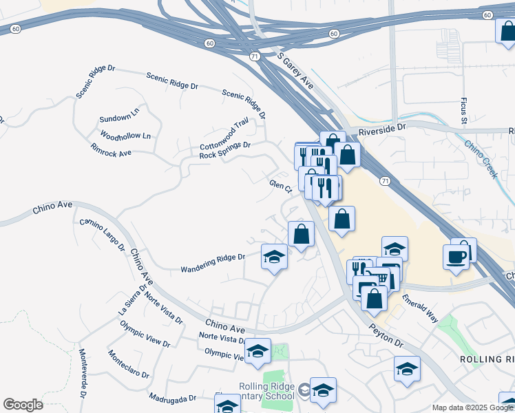 map of restaurants, bars, coffee shops, grocery stores, and more near 91 Le Parc Boulevard in Chino Hills