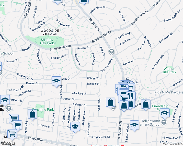 map of restaurants, bars, coffee shops, grocery stores, and more near 3541 Priscilla Drive in West Covina