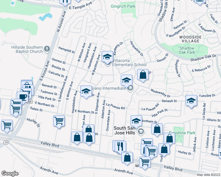 map of restaurants, bars, coffee shops, grocery stores, and more near 128 South Shipman Avenue in La Puente