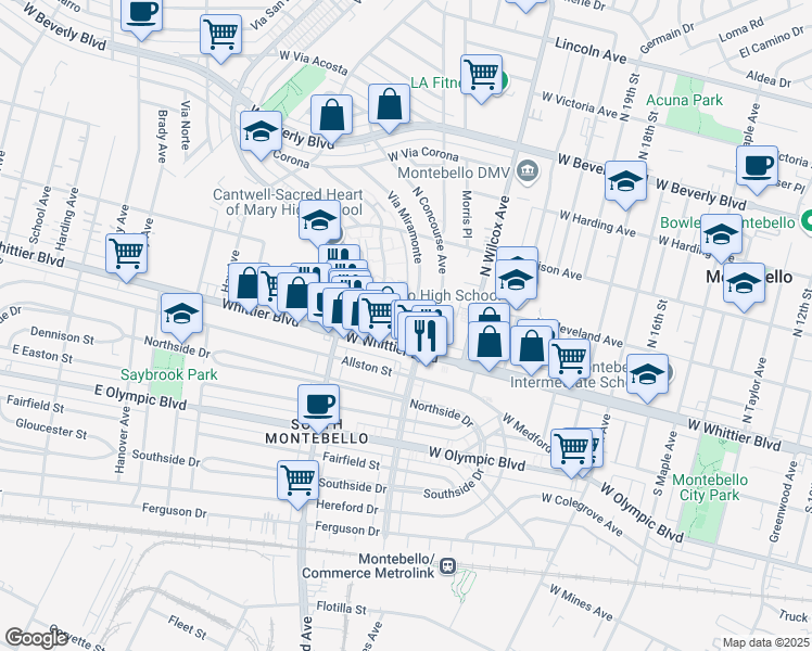 map of restaurants, bars, coffee shops, grocery stores, and more near 2441 West Cleveland Avenue in Montebello